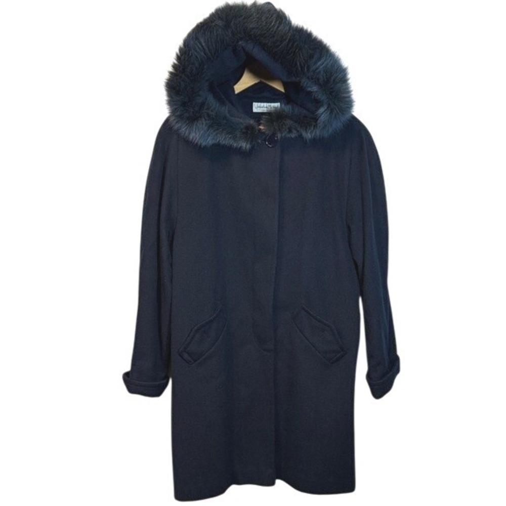 Women's Vintage Jonathan Michael Navy Blue Wool Coat w/ Faux Fur Hood Trim‎ M/L